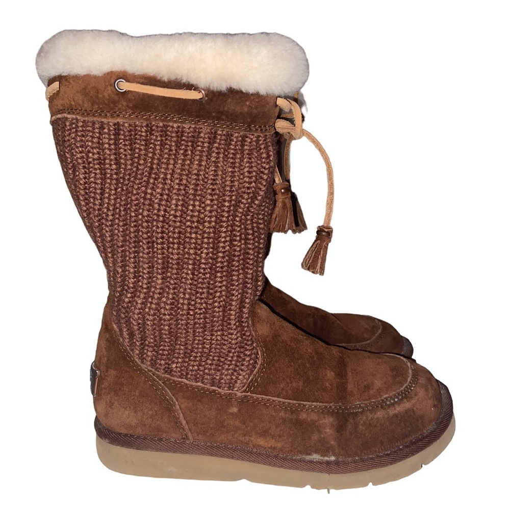 UGG Australia Suburb Boots Womens Size 6 Leather Suede Crochet Knit Fur Sherpa